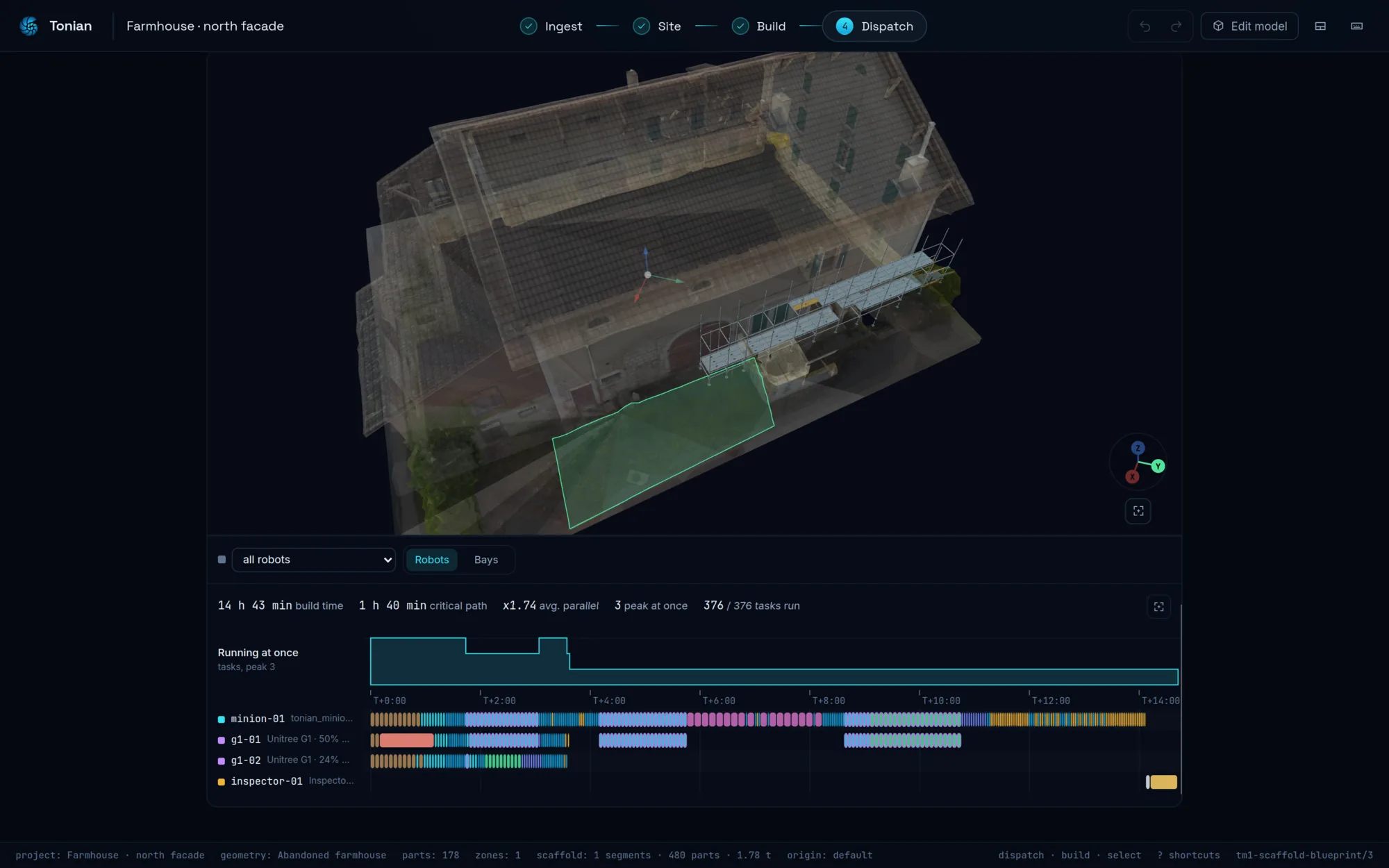 Dispatch: 376 tasks scheduled across four robots, with the critical path