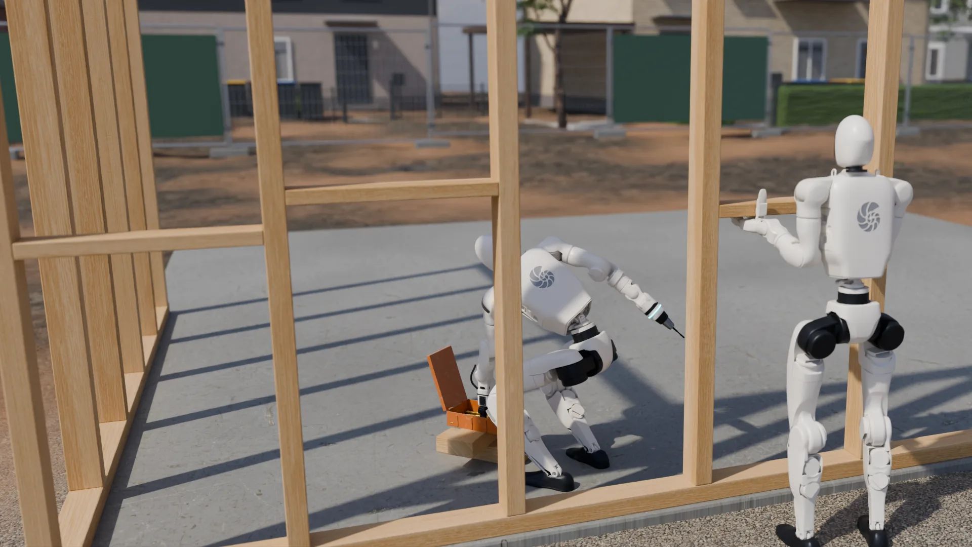 The screwing humanoid crouches to take a screw from the case