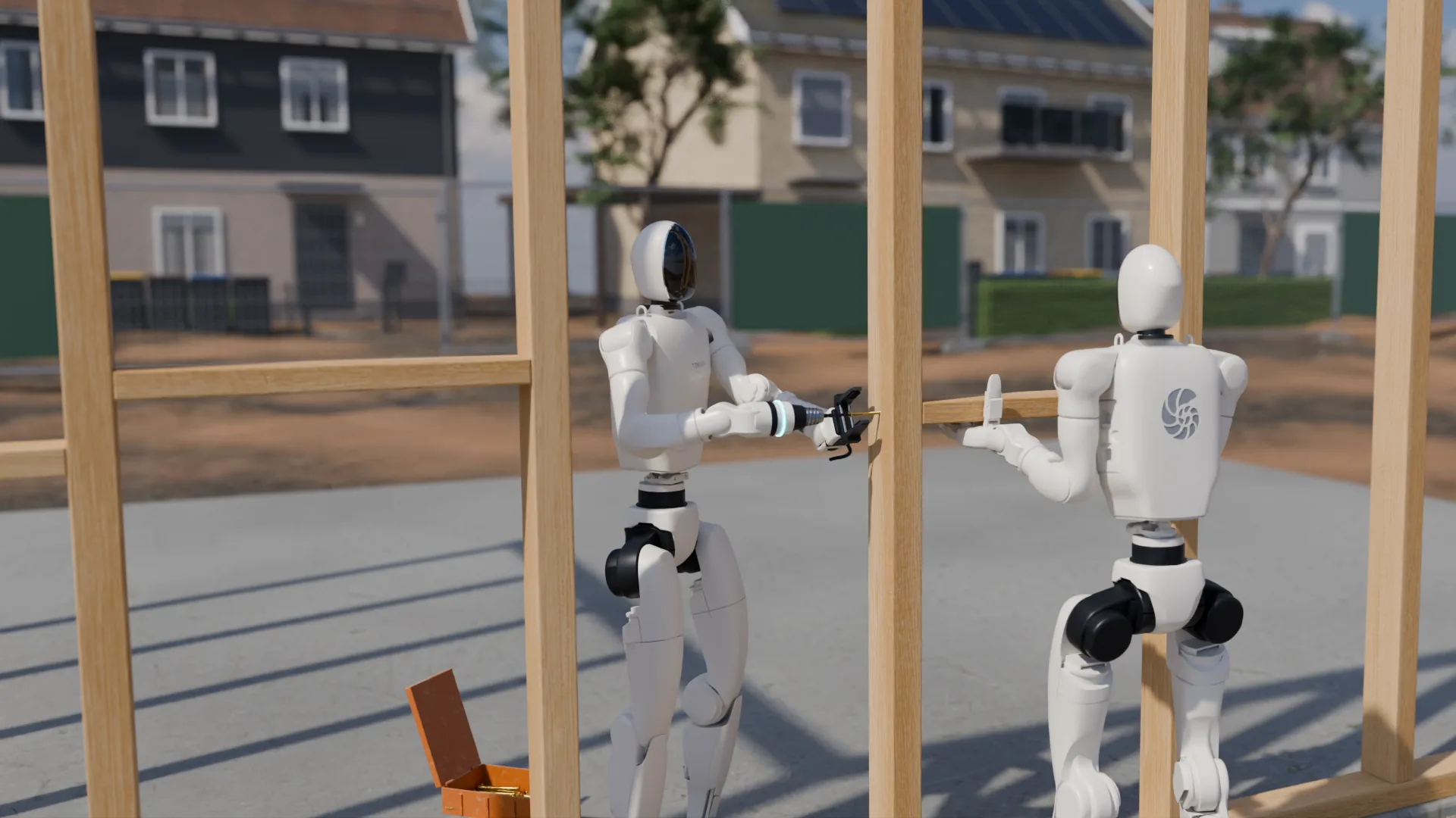 One humanoid holds the noggin; the other holds a screw to the stud and drives it